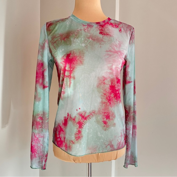 NWT ZARA Green Pink Tie Dye Mesh Long Sleeve Top M - Picture 4 of 14